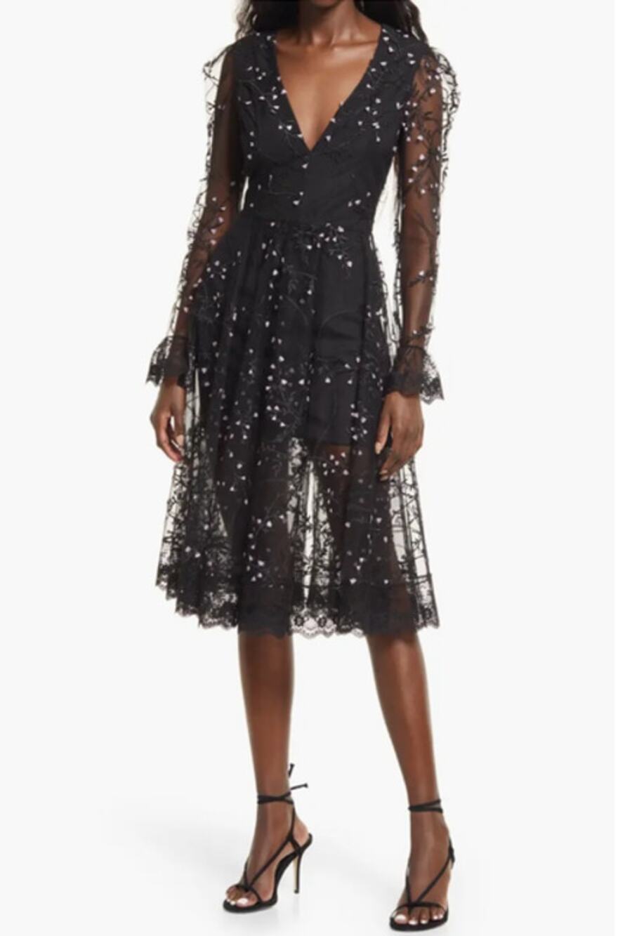 Helsi Ella Dress Long Sleeve Open Back Sheer Plunging Midi Dress